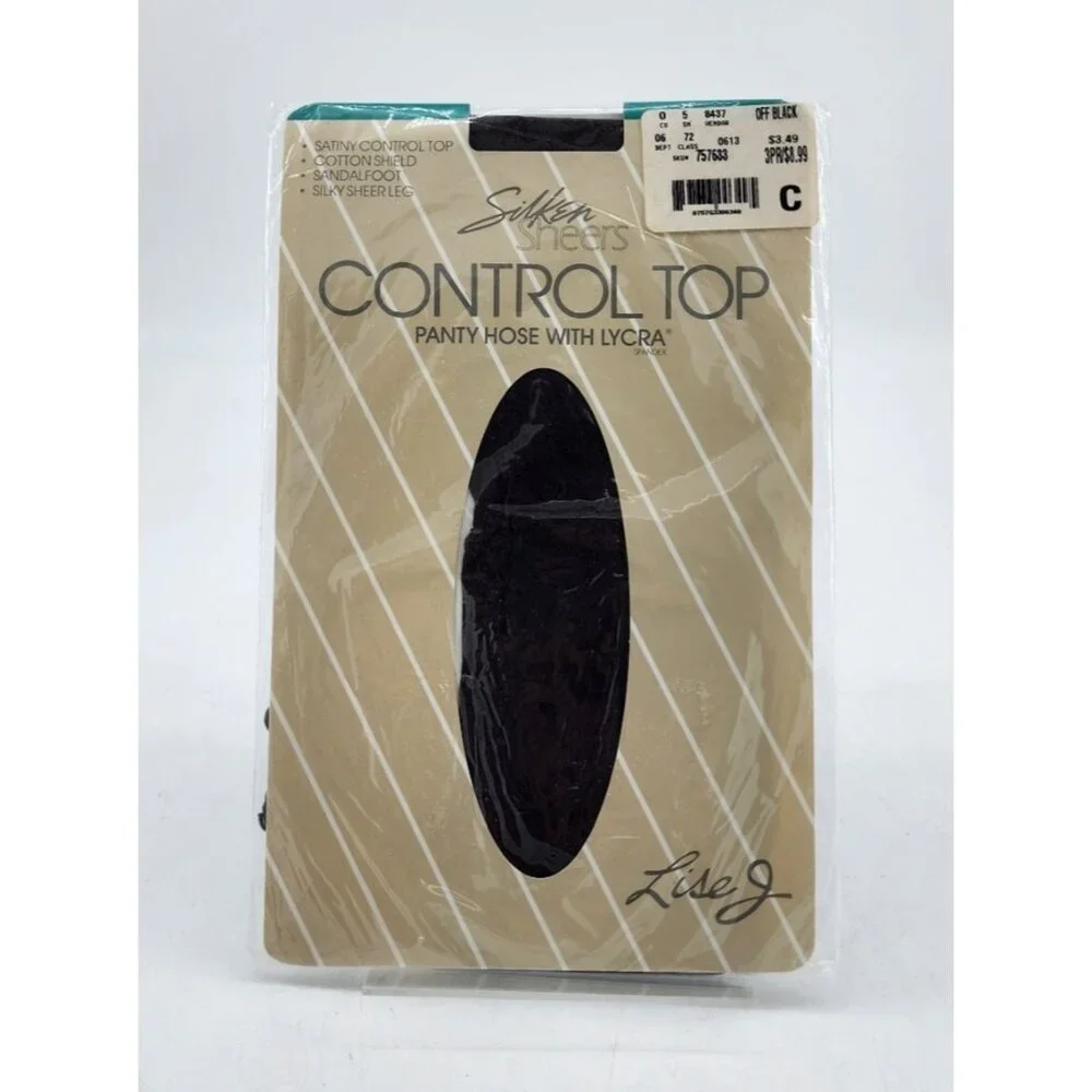 x2 Vtg Lise J Silken Sheers Satiny Control Top Sandalfoot‎ Pantyhose Off Black C